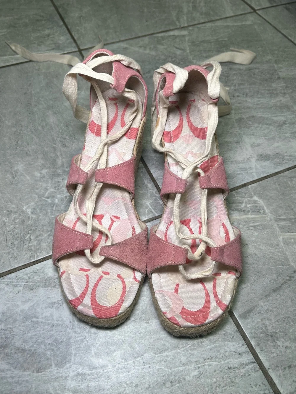 Coach Rosie Pink Suede Lace Up Espadrille Wedge Heels Women’s Size 6M